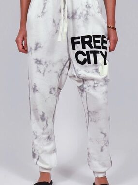 FREECITY White and Gray Tie-Dye Joggers with cream whale. Size S